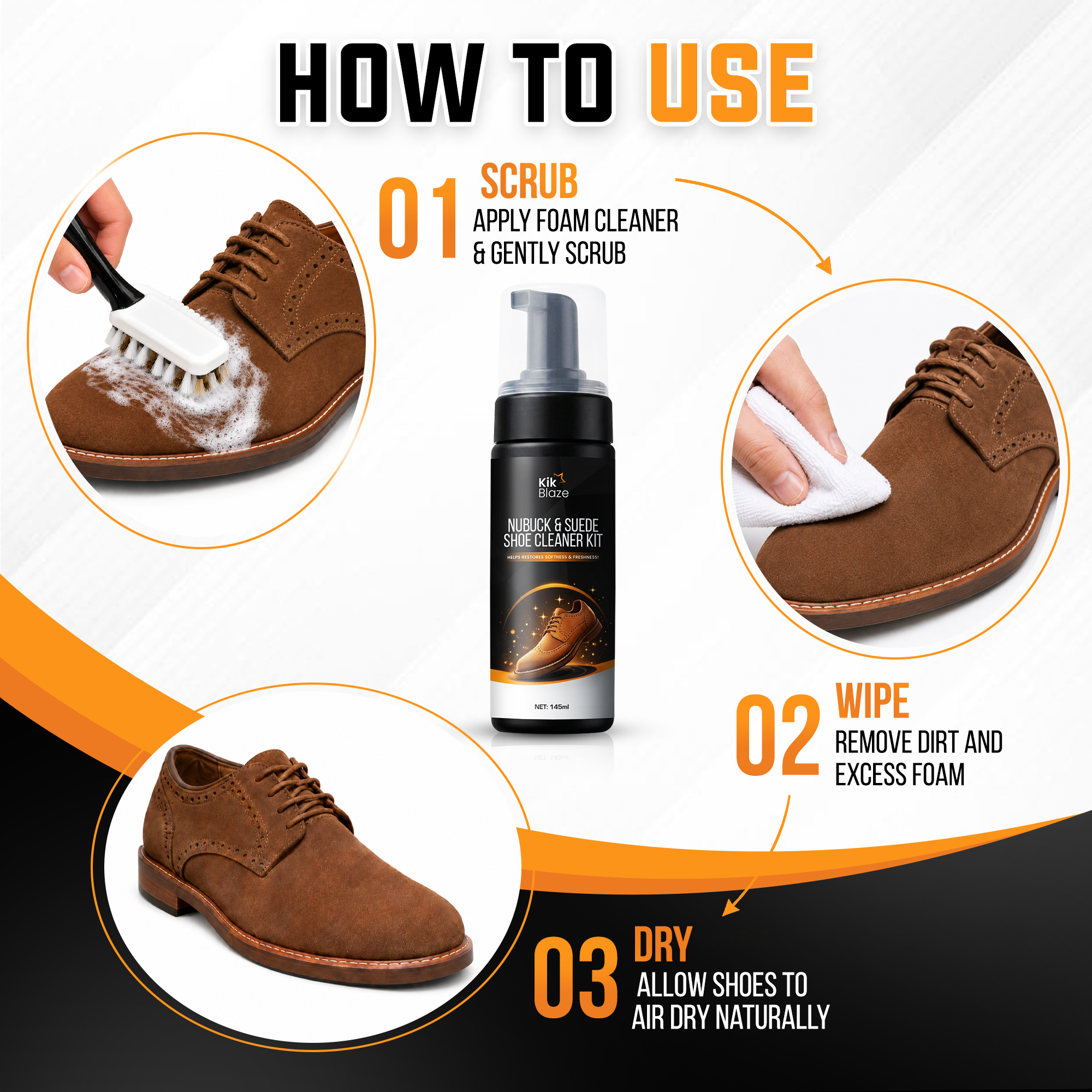 Kik Blaze Nubuck & Suede Shoe Cleaner Kit – Foam Cleaner with Brush & Microfiber Towel for Suede, Nubuck & Soft Leather (10.6 oz) - Image 3