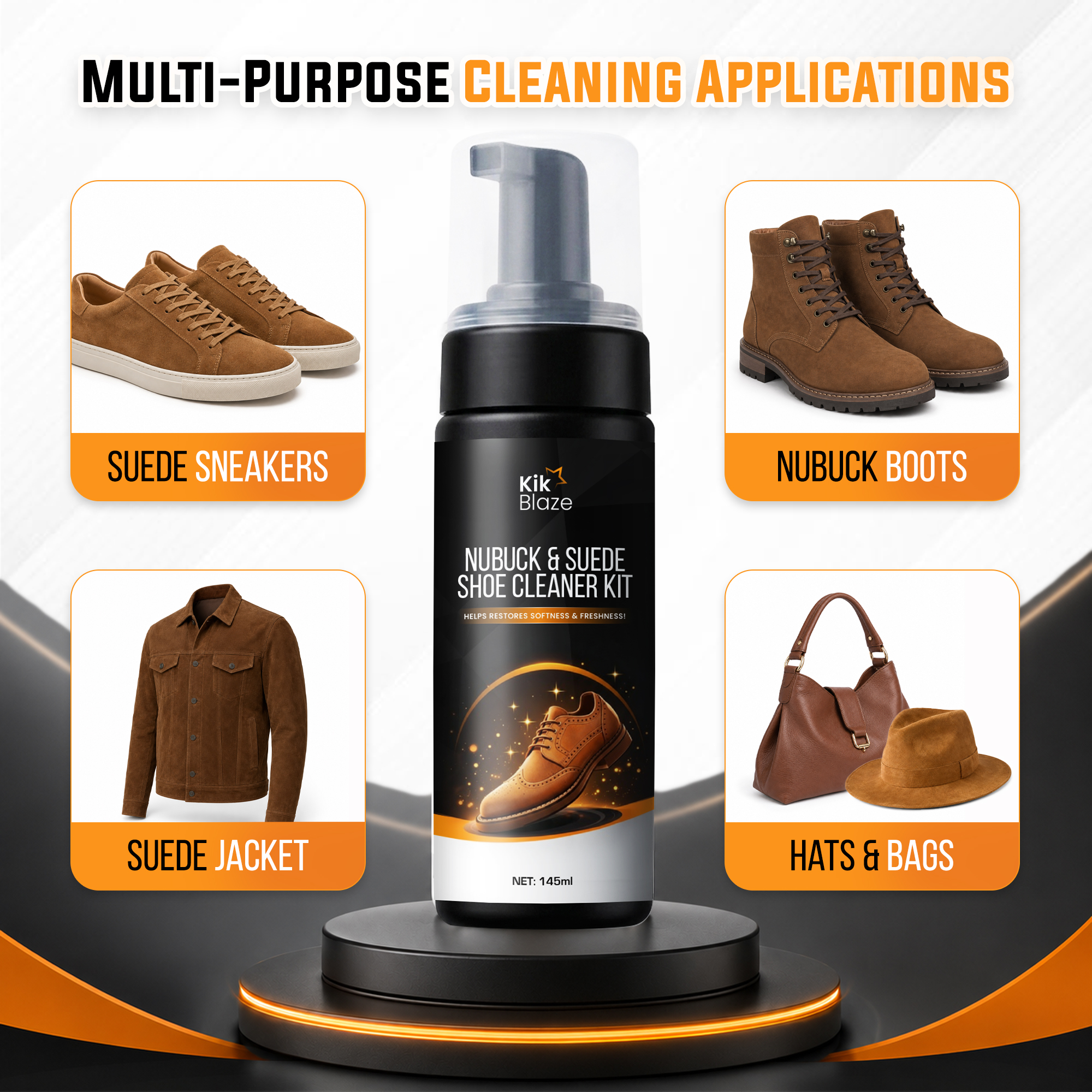 Kik Blaze Nubuck & Suede Shoe Cleaner Kit – Foam Cleaner with Brush & Microfiber Towel for Suede, Nubuck & Soft Leather (10.6 oz) - Image 5
