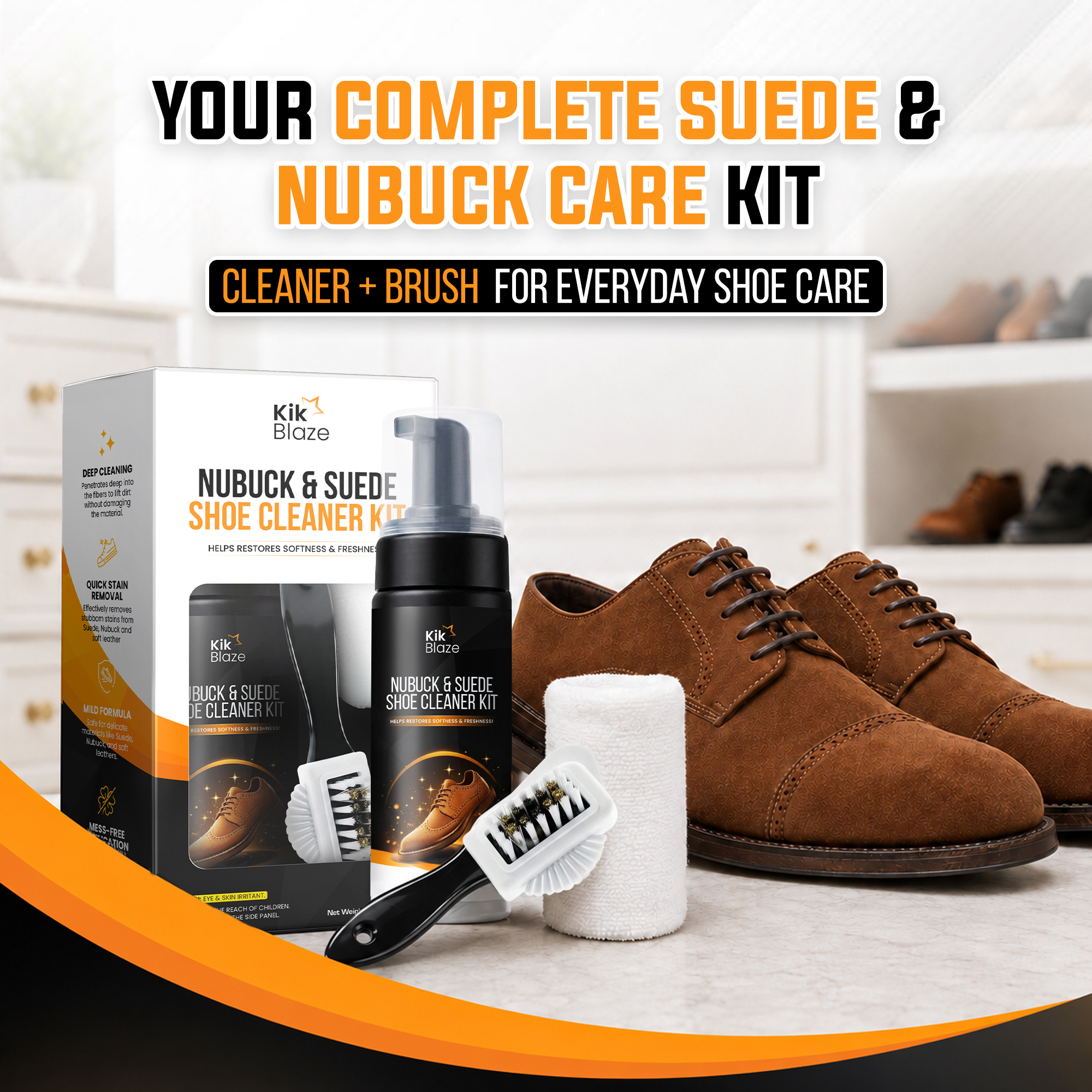 Kik Blaze Nubuck & Suede Shoe Cleaner Kit – Foam Cleaner with Brush & Microfiber Towel for Suede, Nubuck & Soft Leather (10.6 oz) - Image 8