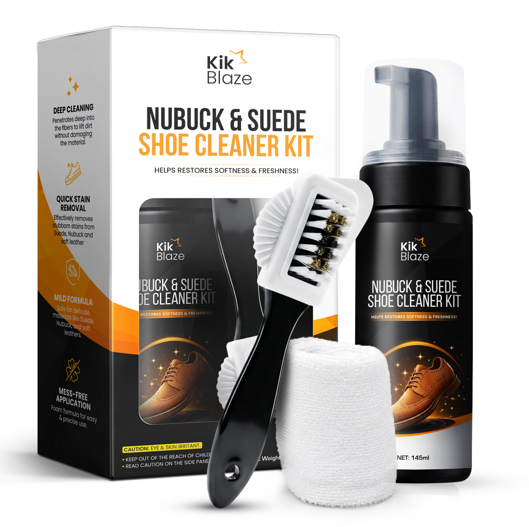 Kik Blaze Nubuck & Suede Shoe Cleaner Kit – Foam Cleaner with Brush & Microfiber Towel for Suede, Nubuck & Soft Leather (10.6 oz)
